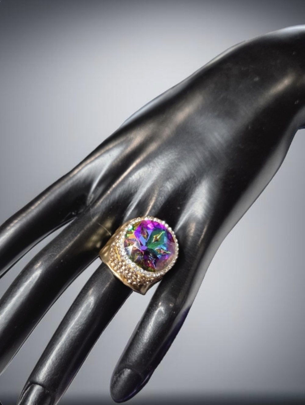18k Gold Plated Hammered Oversized Watermelon Volcano Crystal Ring - Picture 4 of 5